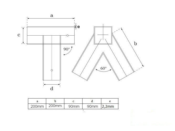 Connettore per raggi 90x90 mm, 90°